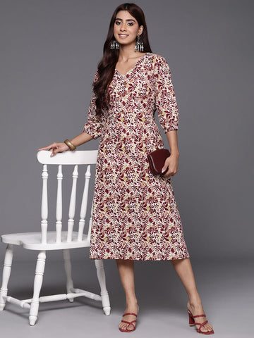 Varanga Women Maroon Floral Printed Midi Dress